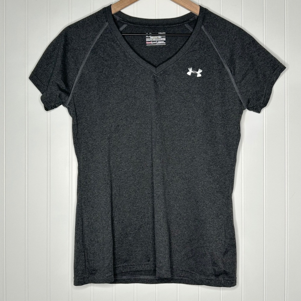 Under Armour HeatGear Womens Top M Gray V Neck Athletic Performance Shirt